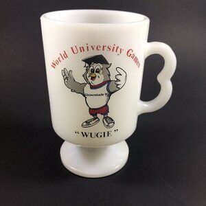 World University Games 1983 Wugie Mug Milk Glass Pedestal 8oz cup